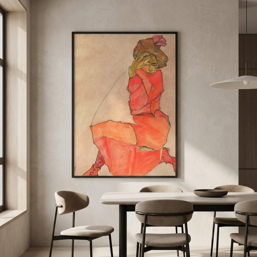 Egon Schiele - Kneeling Female in Orange Red Dress 1910