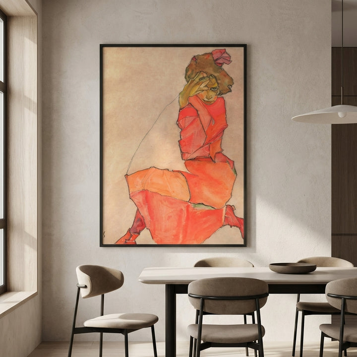 Egon Schiele - Kneeling Female in Orange Red Dress 1910
