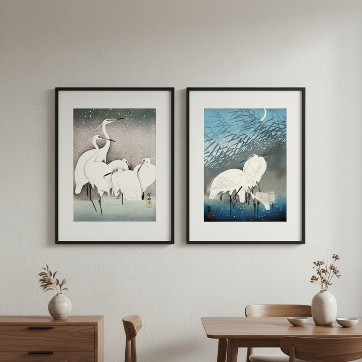 Egret Japanese Birds Woodblock Prints Set of 2 by Ohara Koson
