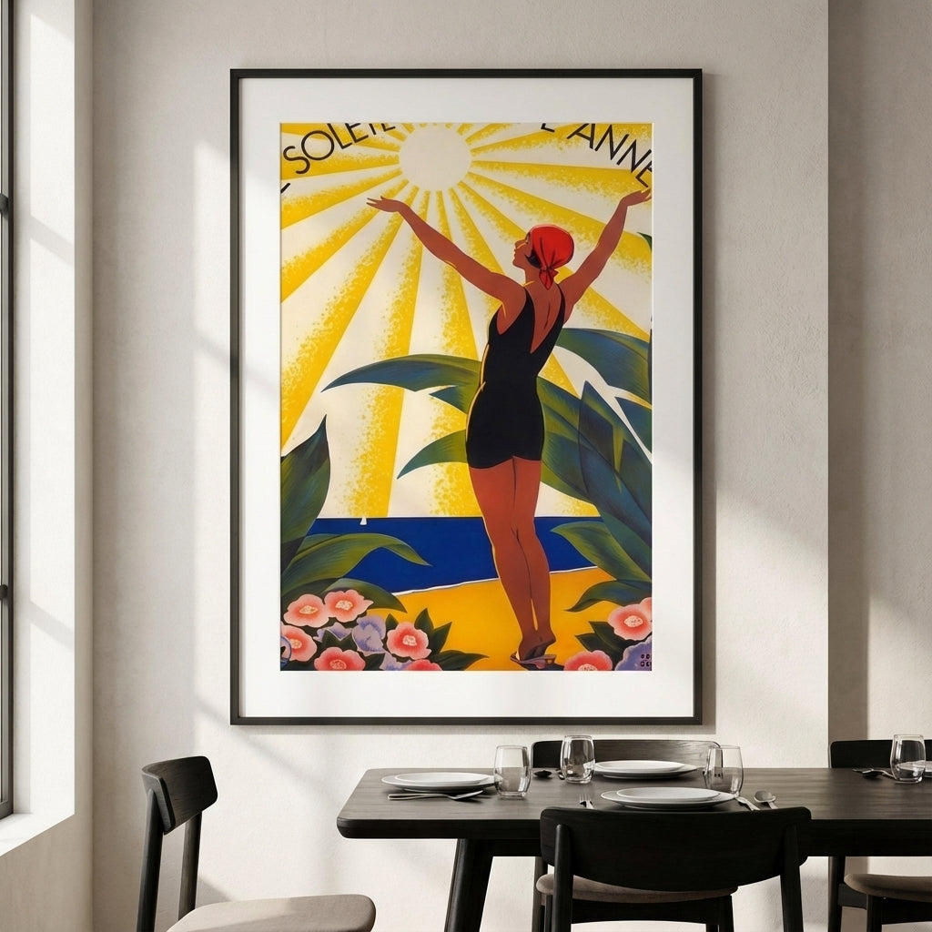 French Riviera Art Deco Poster Woman Sunbathing Vintage