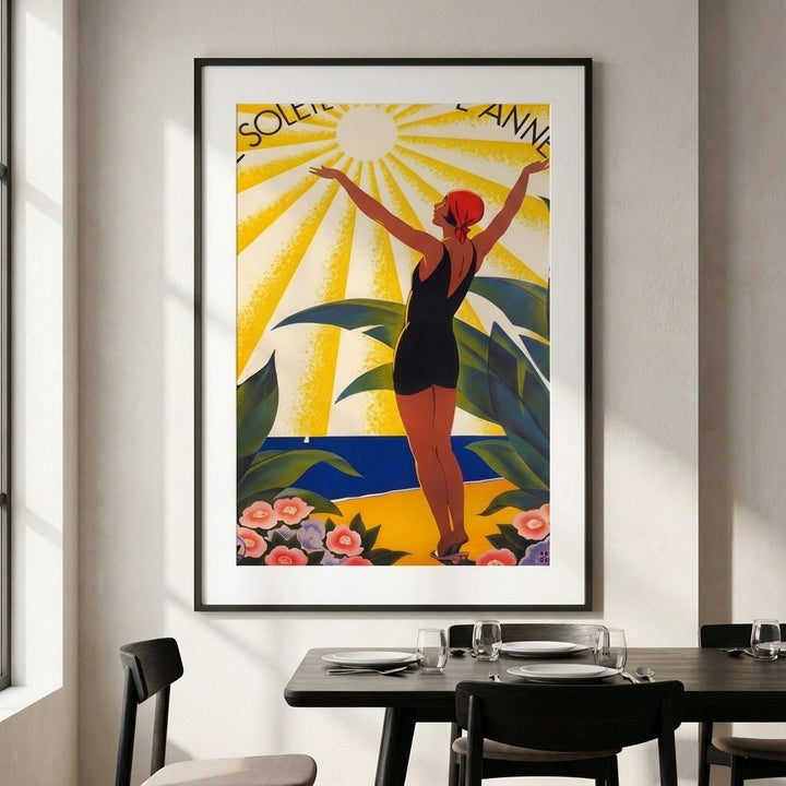 French Riviera Art Deco Poster Woman Sunbathing Vintage