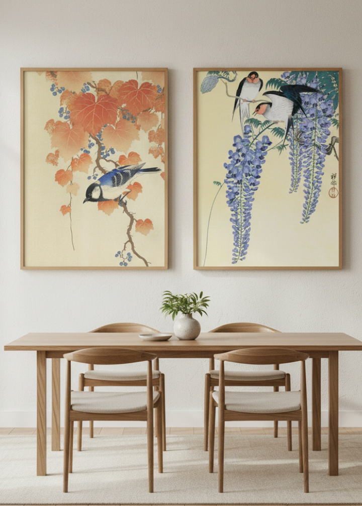 Bird and Swallow Set of 2 Japanese Woodblock Prints by Ohara Koson