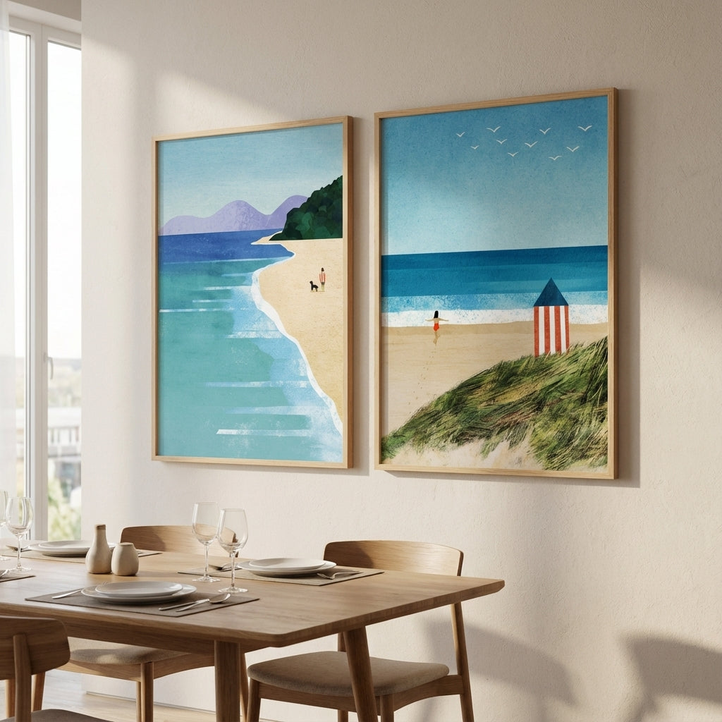 Morning Brighton Beach Stroll Set of 2 Abstract Prints by Henry Rivers