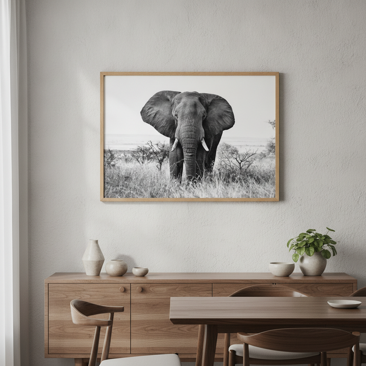 Bull Elephant Landscape Photograph Black and White