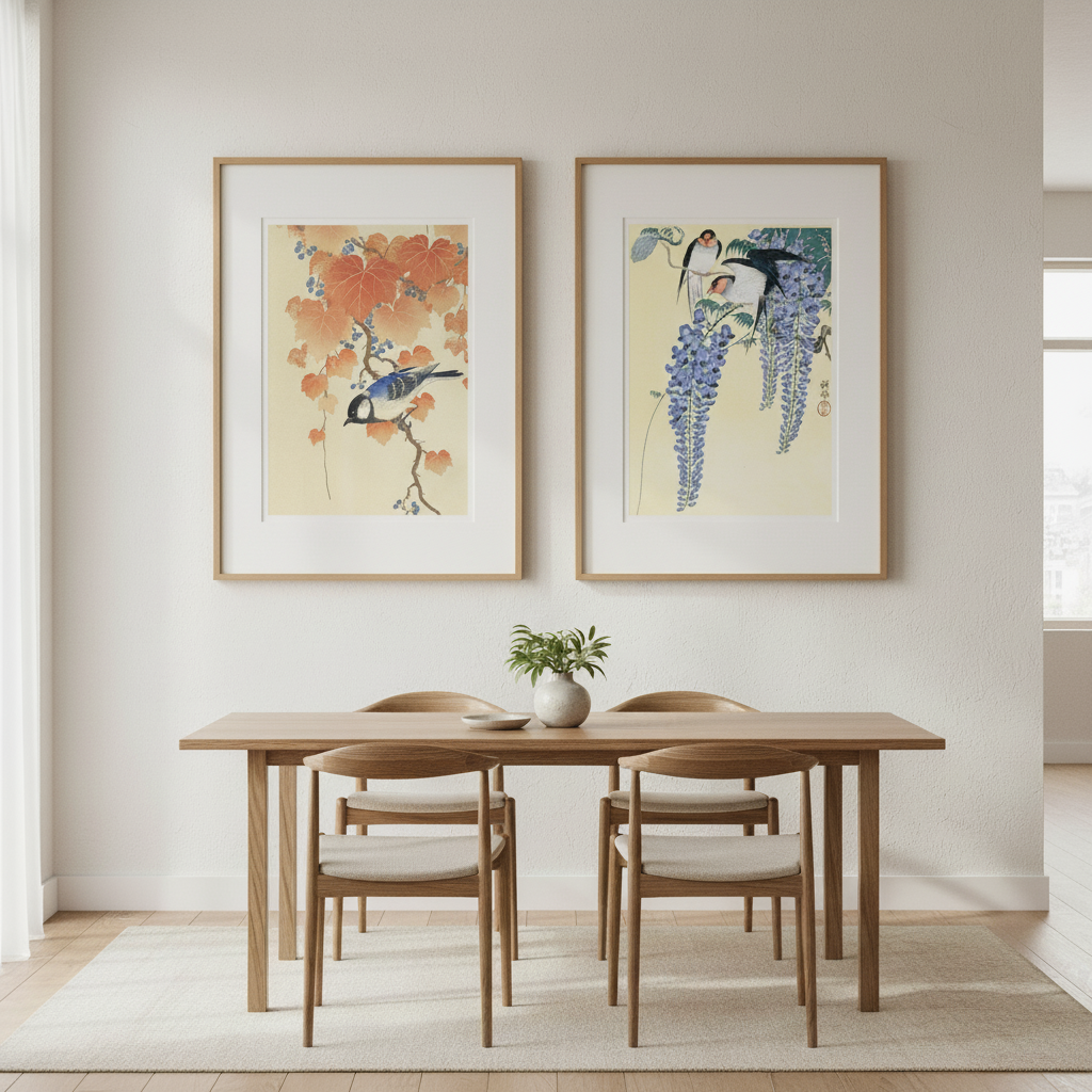 Bird and Swallow Set of 2 Japanese Woodblock Prints by Ohara Koson