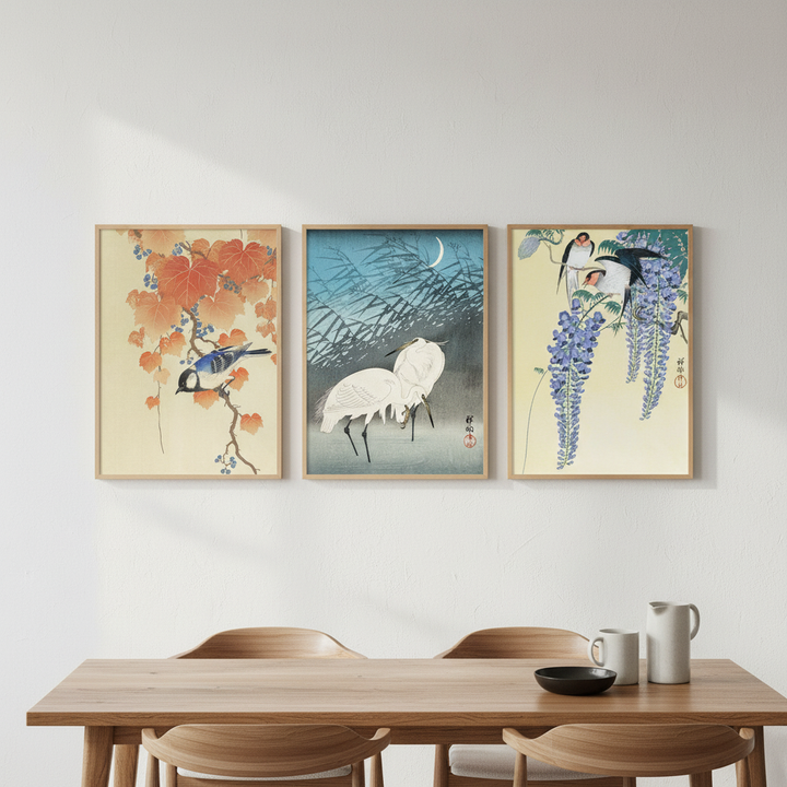 Trio of Woodblock Print Birds by Ohara Koson