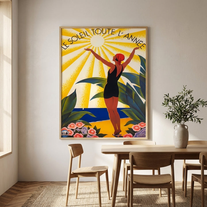 French Riviera Art Deco Poster Woman Sunbathing Vintage
