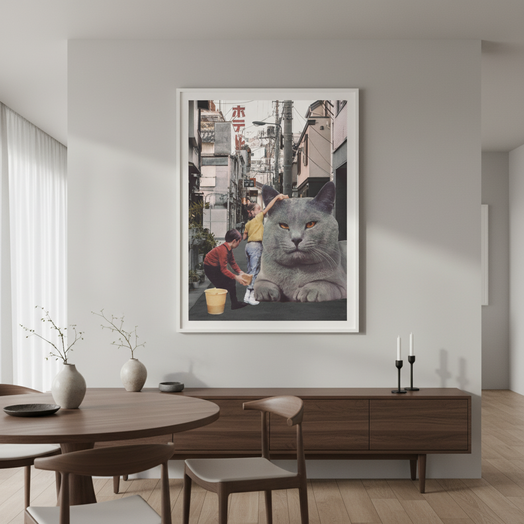 Children Washing a Giant Cat in Tokyo Streets by Florent Bodart