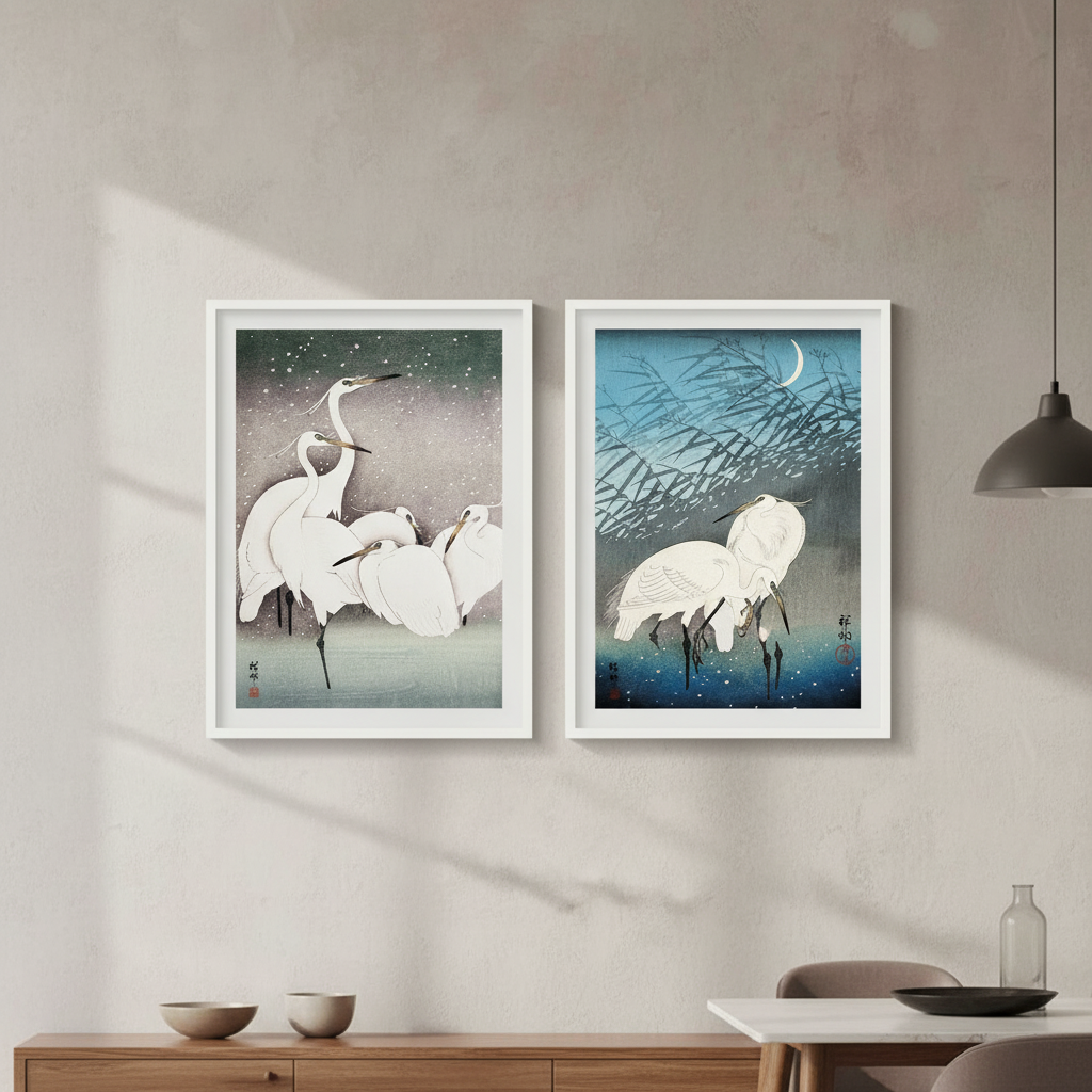 Egret Japanese Birds Woodblock Prints Set of 2 by Ohara Koson