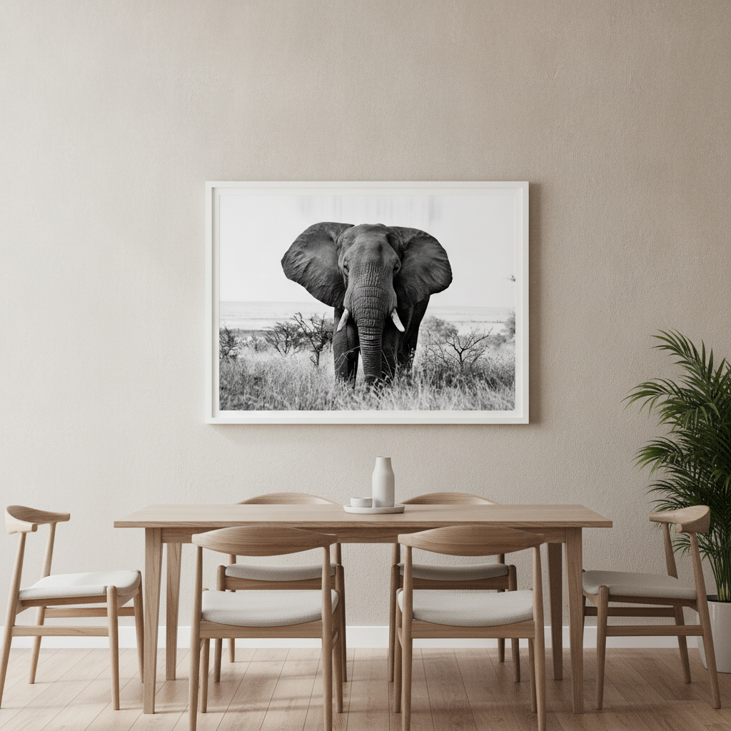 Bull Elephant Landscape Photograph Black and White