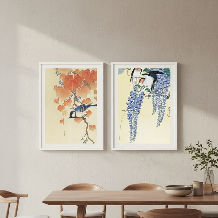 Bird and Swallow Set of 2 Japanese Woodblock Prints by Ohara Koson
