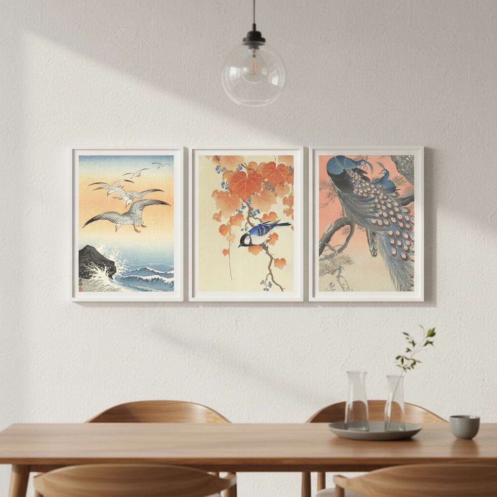 Trio of Japanese Orange Woodblock Bird Prints by Ohara Koson