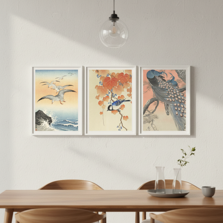 Trio of Japanese Orange Woodblock Bird Prints by Ohara Koson