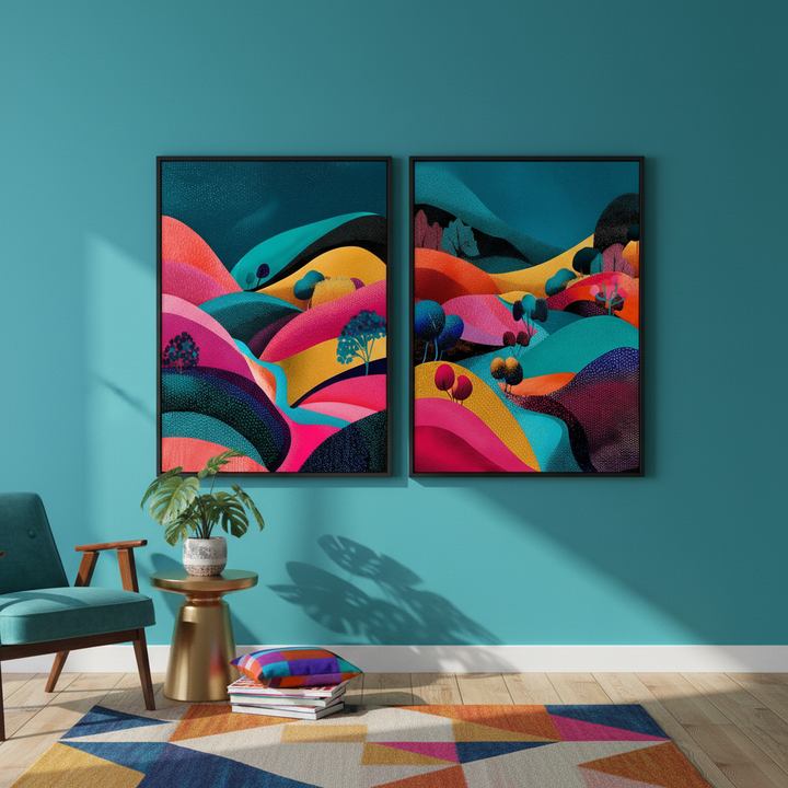 Set of 2 Japanese Evening Pop Art Hills Abstract Flow