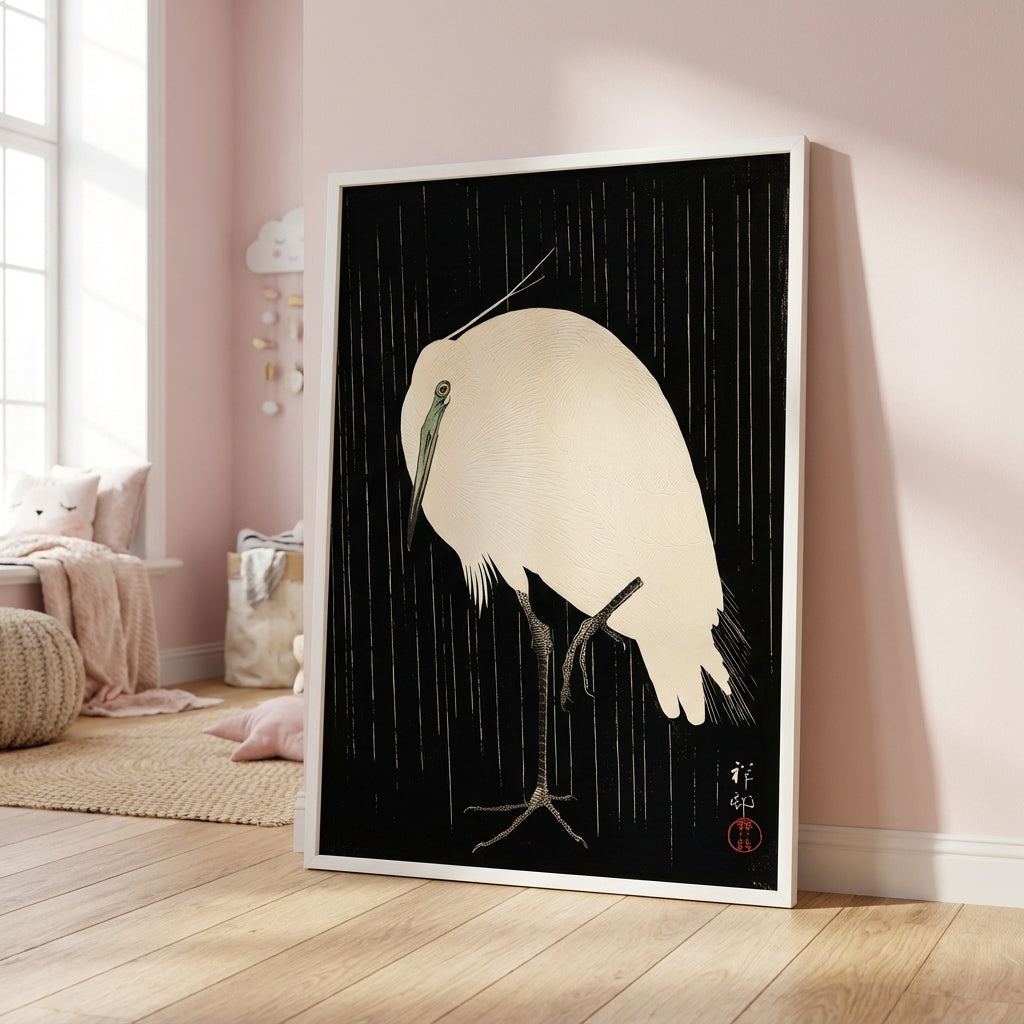 White Heron Standing in the Rain by Ohara Koson