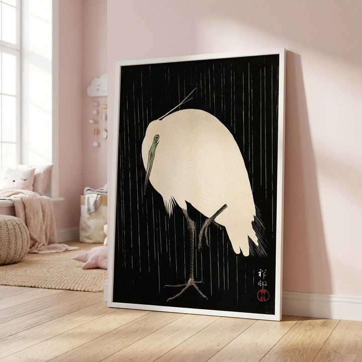 White Heron Standing in the Rain by Ohara Koson