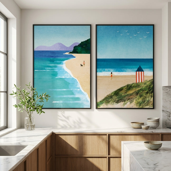 Morning Brighton Beach Stroll Set of 2 Abstract Prints by Henry Rivers