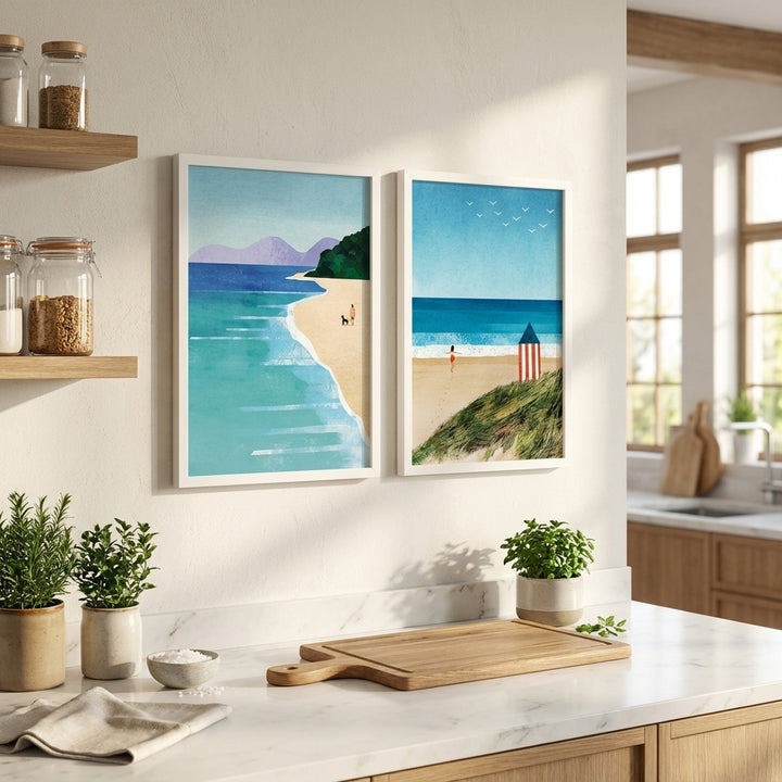 Morning Brighton Beach Stroll Set of 2 Abstract Prints by Henry Rivers