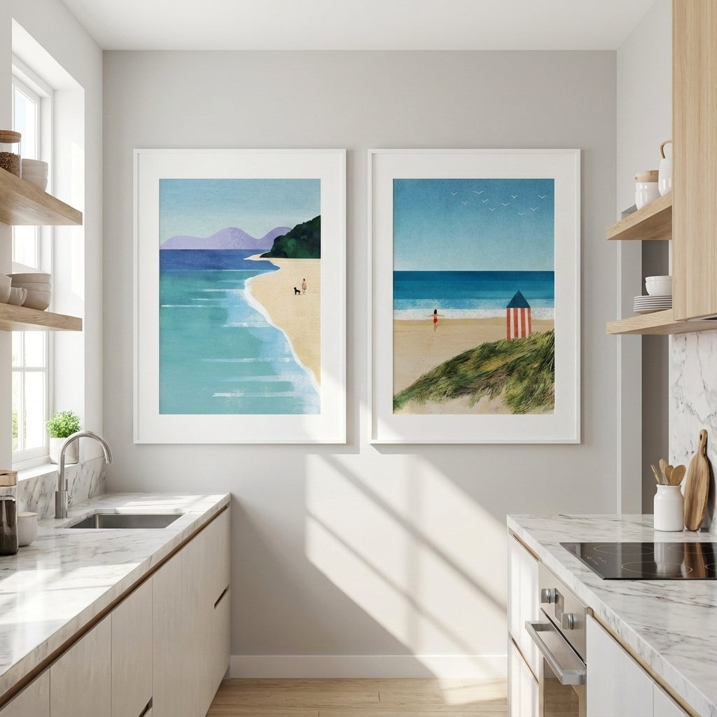 Morning Brighton Beach Stroll Set of 2 Abstract Prints by Henry Rivers