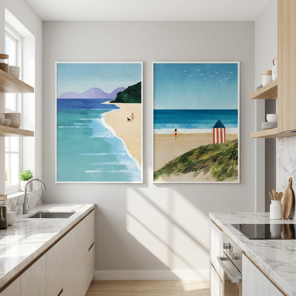 Morning Brighton Beach Stroll Set of 2 Abstract Prints by Henry Rivers