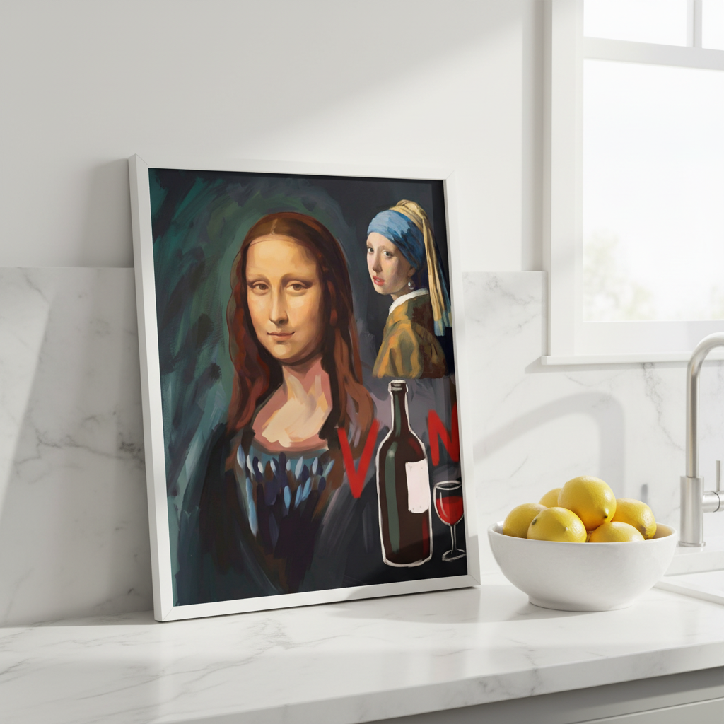 Mona Lisa with a Pearl Earring drinking Vino by Andres Alvarado Gavilanez