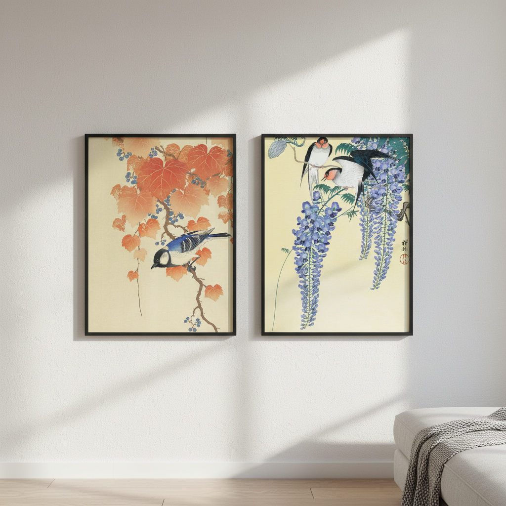 Bird and Swallow Set of 2 Japanese Woodblock Prints by Ohara Koson