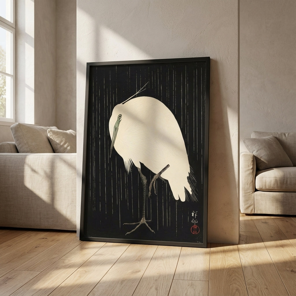 White Heron Standing in the Rain by Ohara Koson