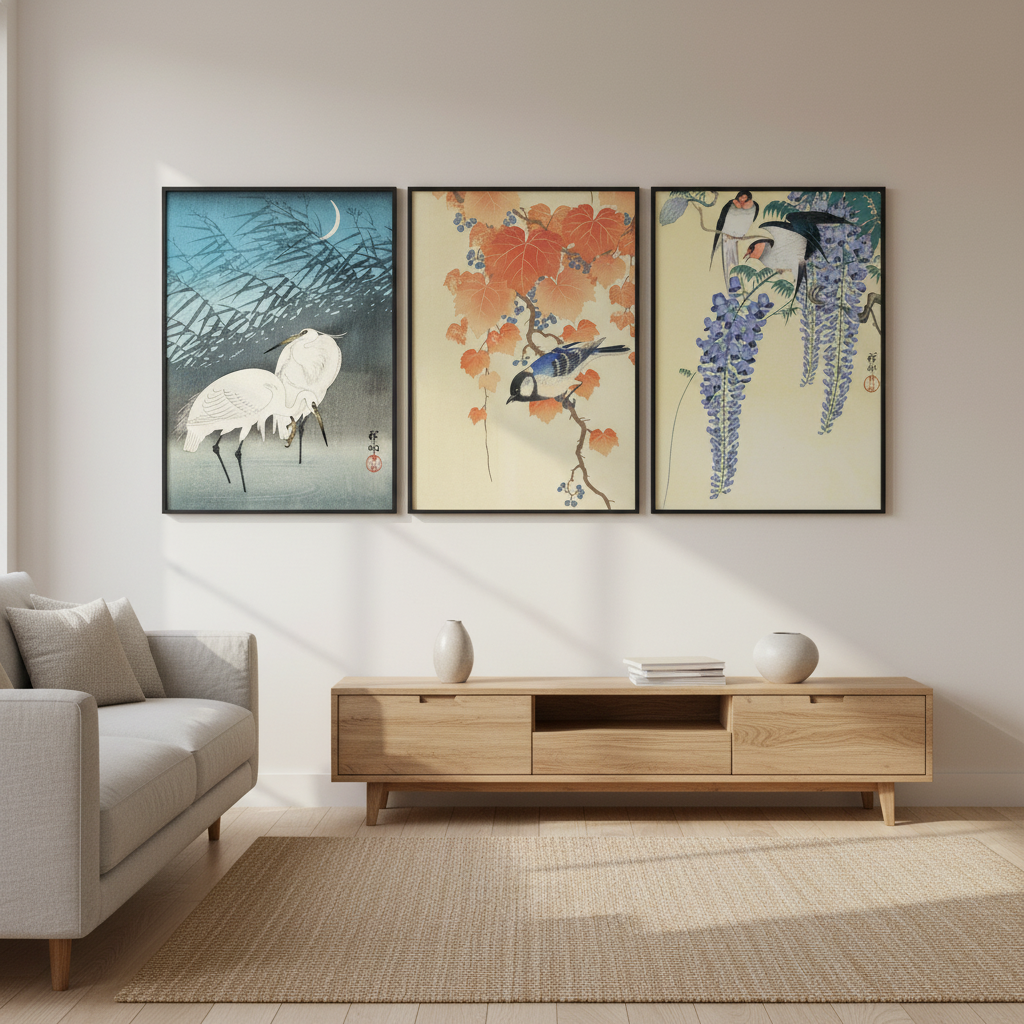 Trio of Woodblock Print Birds by Ohara Koson