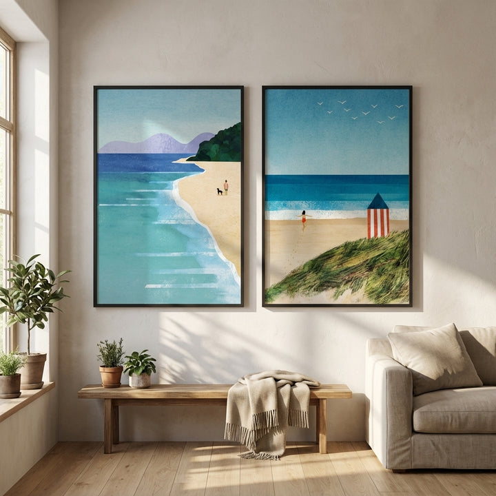 Morning Brighton Beach Stroll Set of 2 Abstract Prints by Henry Rivers