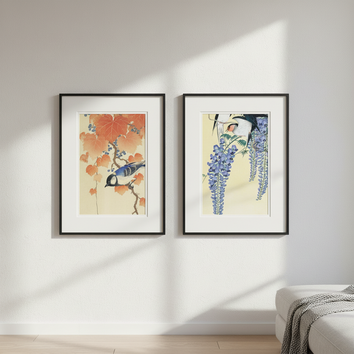 Bird and Swallow Set of 2 Japanese Woodblock Prints by Ohara Koson