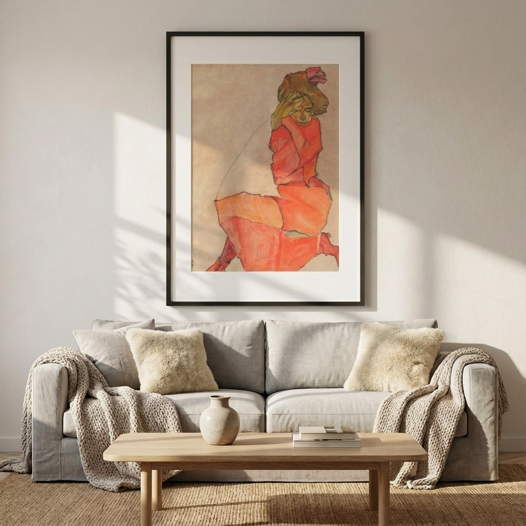 Egon Schiele - Kneeling Female in Orange Red Dress 1910