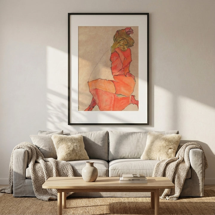 Egon Schiele - Kneeling Female in Orange Red Dress 1910