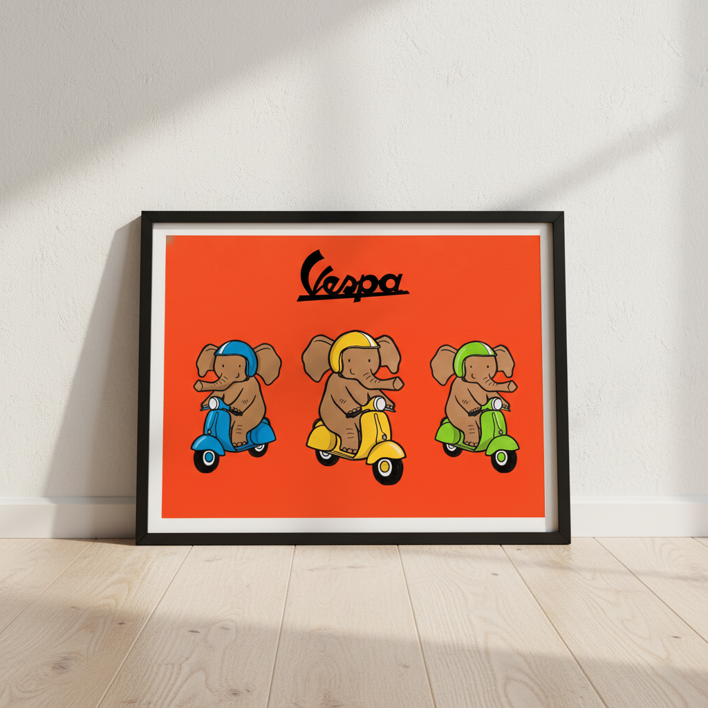 Elephant Riding Vespa Landscape Vintage Art