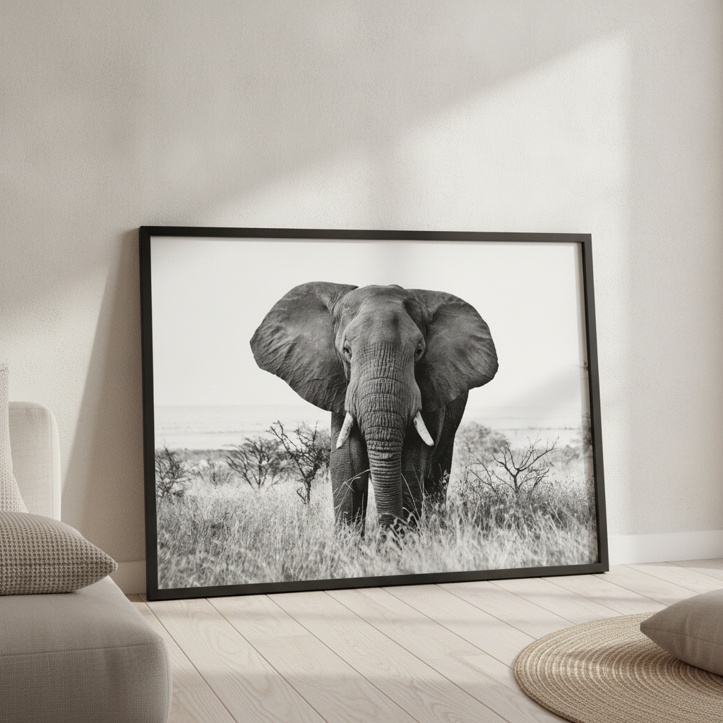 Bull Elephant Landscape Photograph Black and White