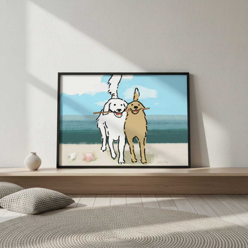 Two Dogs on the Beach by Julia Cheney