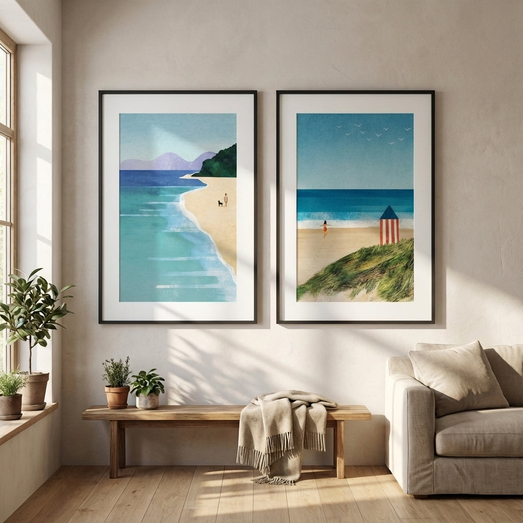 Morning Brighton Beach Stroll Set of 2 Abstract Prints by Henry Rivers