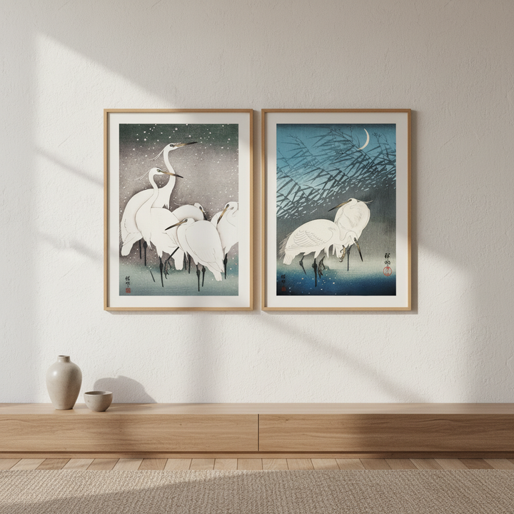 Egret Japanese Birds Woodblock Prints Set of 2 by Ohara Koson