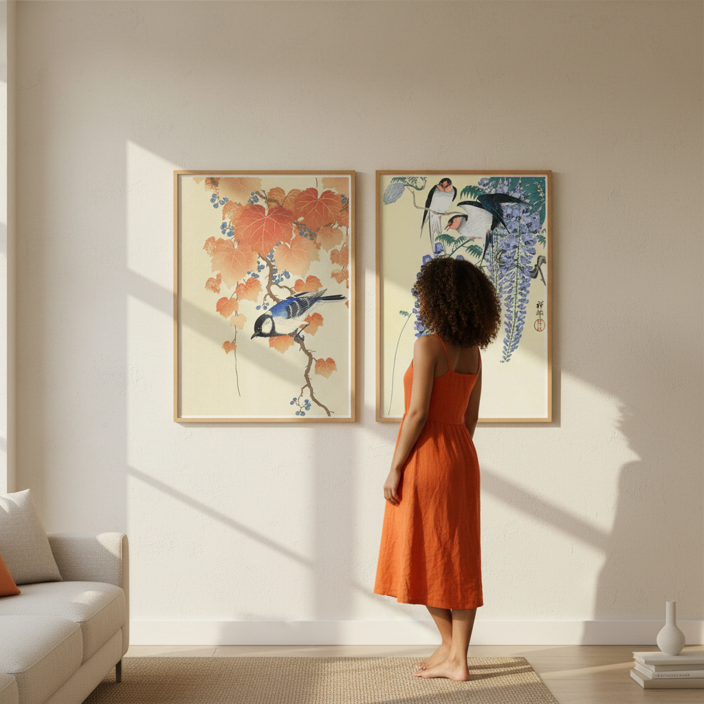 Bird and Swallow Set of 2 Japanese Woodblock Prints by Ohara Koson