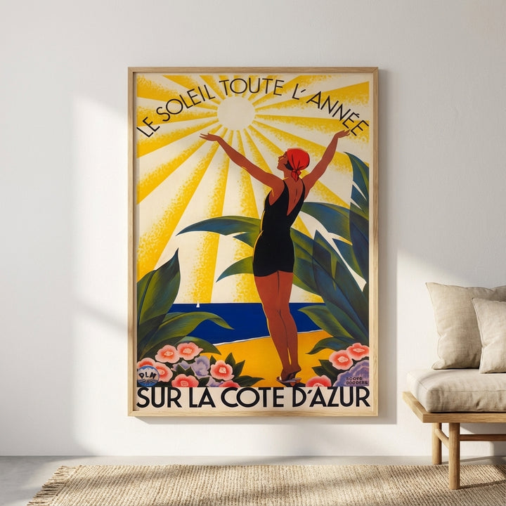 French Riviera Art Deco Poster Woman Sunbathing Vintage