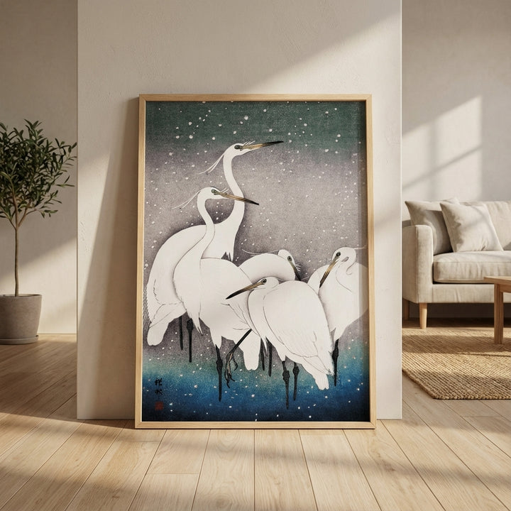 Egrets Birds in Snow 1925 Japanese Woodblock Print