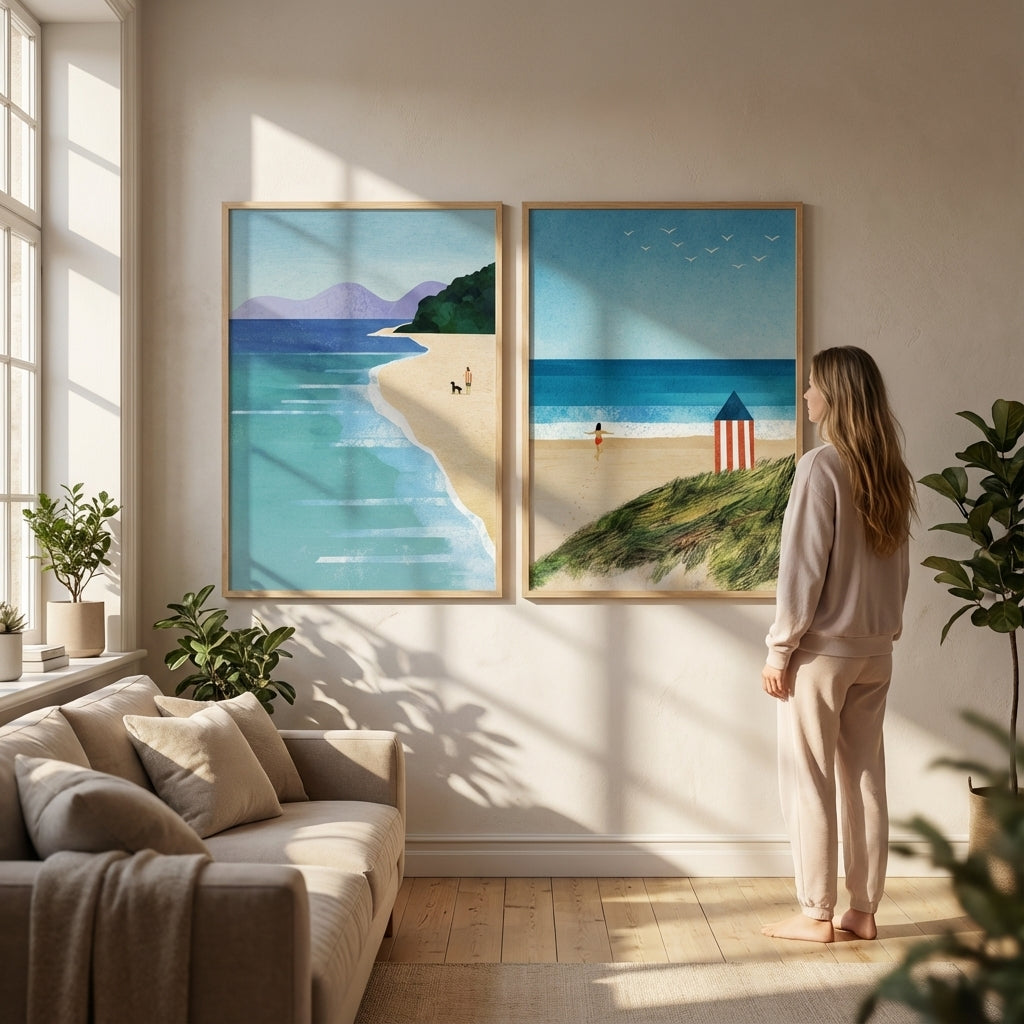 Morning Brighton Beach Stroll Set of 2 Abstract Prints by Henry Rivers