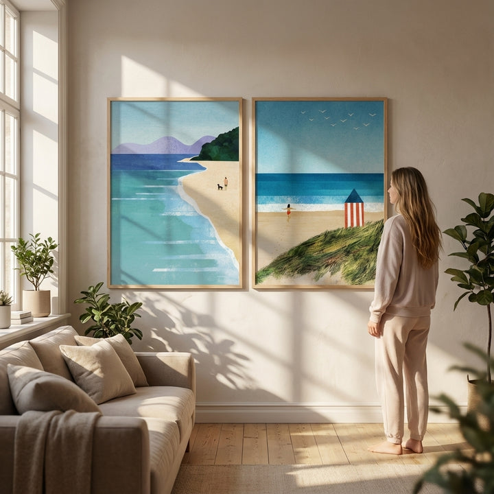 Morning Brighton Beach Stroll Set of 2 Abstract Prints by Henry Rivers