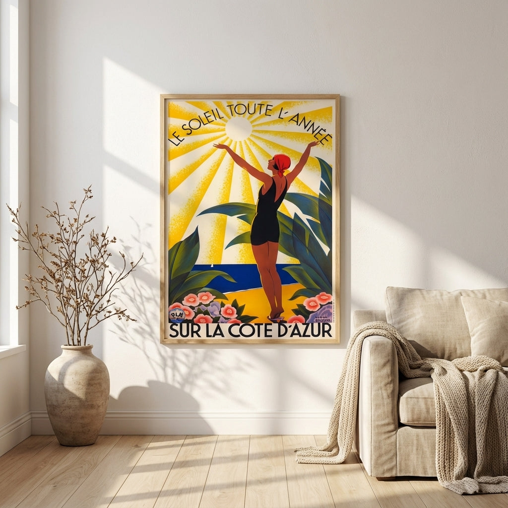 French Riviera Art Deco Poster Woman Sunbathing Vintage