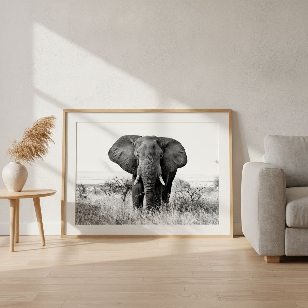 Bull Elephant Landscape Photograph Black and White