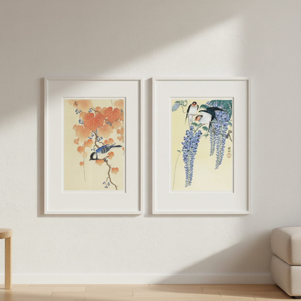 Bird and Swallow Set of 2 Japanese Woodblock Prints by Ohara Koson