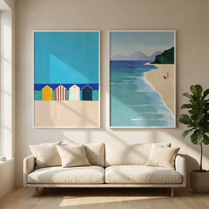 Abstract Brighton Beach Boxes by the Sea Set of 2 by Henry Rivers