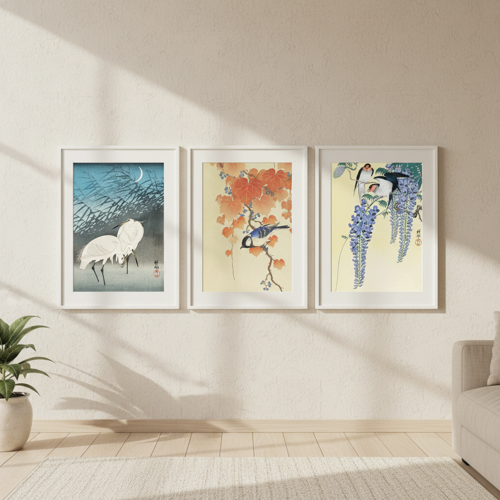 Trio of Woodblock Print Birds by Ohara Koson