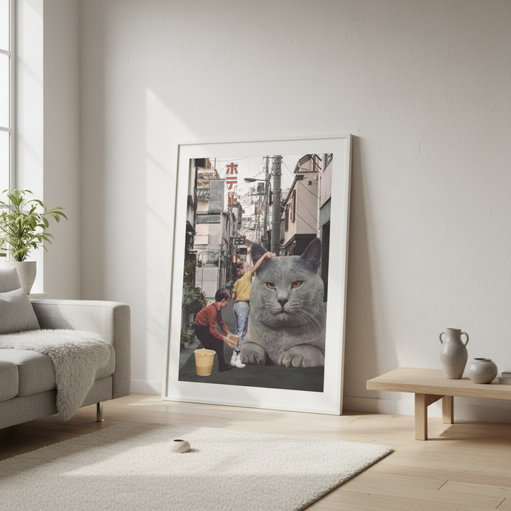 Children Washing a Giant Cat in Tokyo Streets by Florent Bodart
