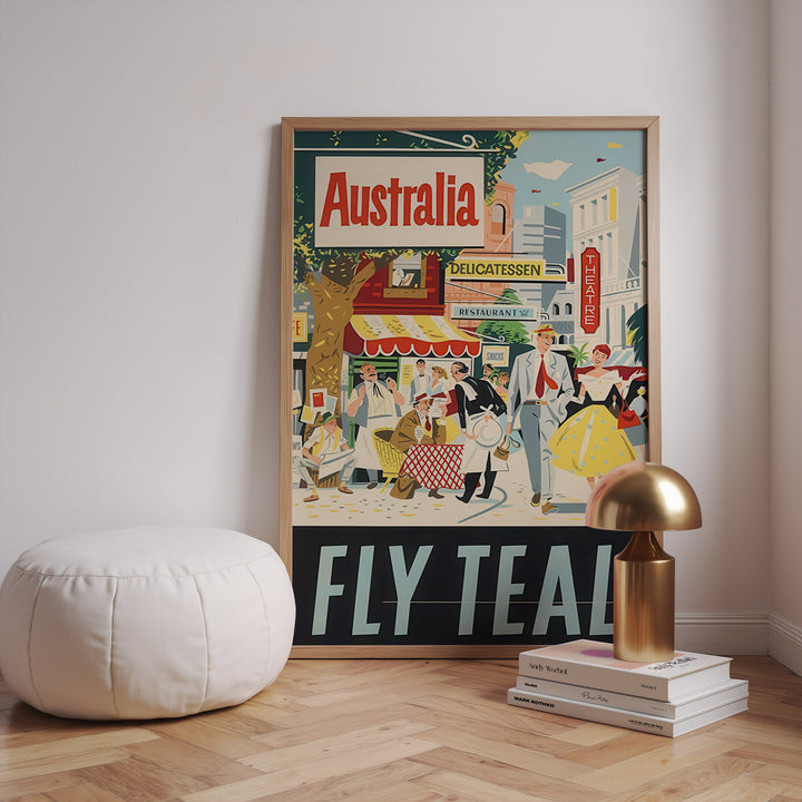 Australia Fly Teal Vintage Poster Wall Art