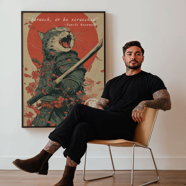 Meowmoto Japanese Cat Samurai Vintage Poster